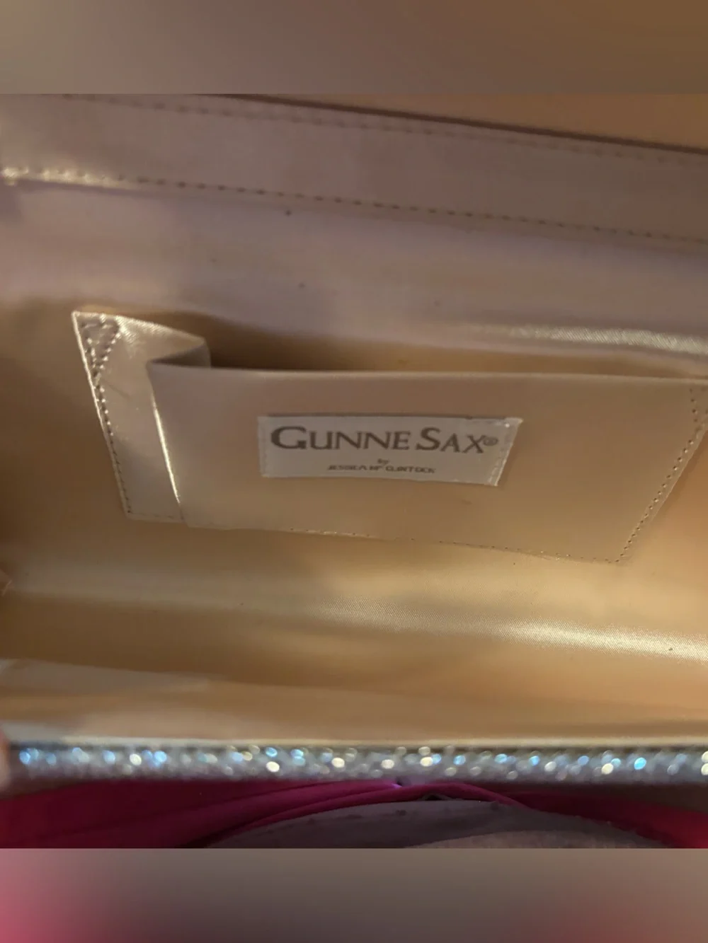 Gunne Sax Gold Glitter Rhinestone Bow-Front Evening Clutch with Chain